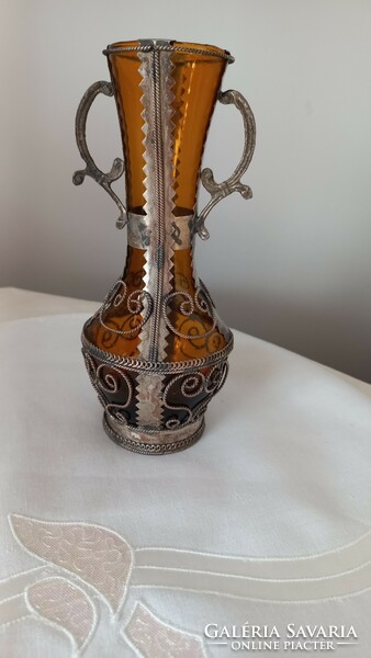 Special, empire-style brown glass vase with metal overlay. Handmade in perfect condition