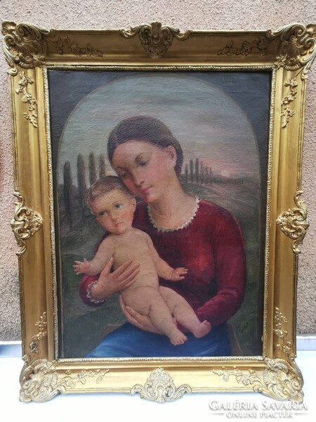 Oil painting signed with little Mária in a beautiful blonde frame (15.)