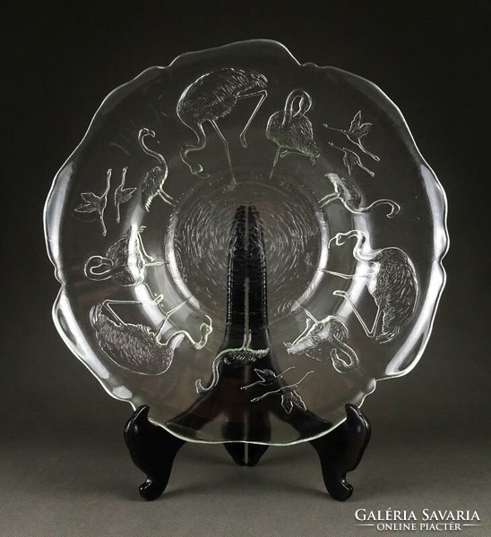 1K646 Nagyméretű jelzett flamingós francia üveg asztalközép kínáló tál 36 cm