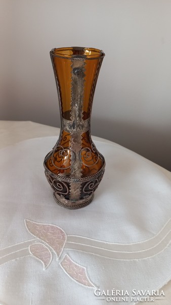 Special, empire-style brown glass vase with metal overlay. Handmade in perfect condition