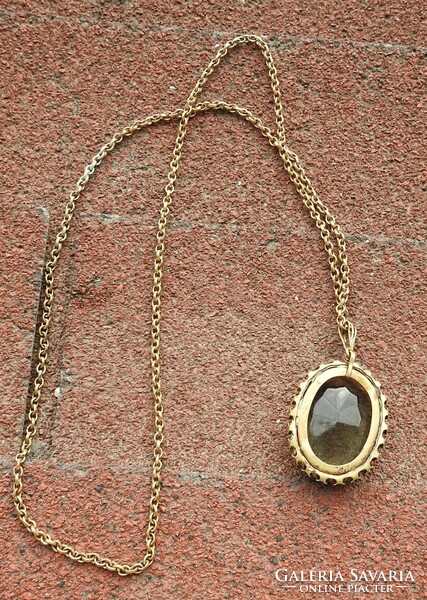 Antique huge clear stone copper pendant - antique necklace