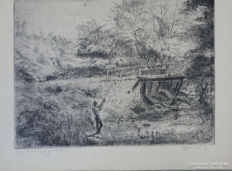 Erzsébet Weil of Asód (1901 - 1976) etching _ landscape with fishing children