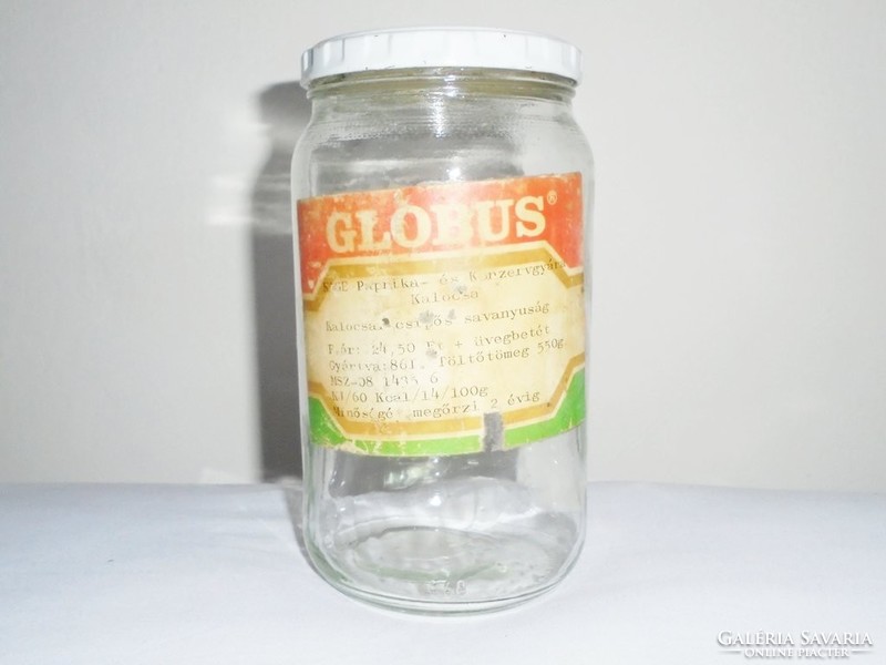 Retro Globus papír címkés befőttes üveg - KAGE Paprika és Konzervgyára Kalocsa - 1986-os évből