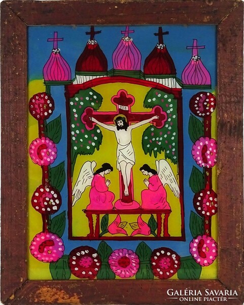 1J825 Antik erdélyi üveg ikon Krisztus a kereszten két angyallal ábrázolva 46 x 37 cm