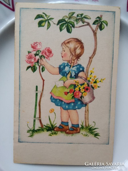 Régi grafikus gyerekmotívumos képeslap/üdvözlőlap kislány virágkosárral, rózsa 1930-40 körül