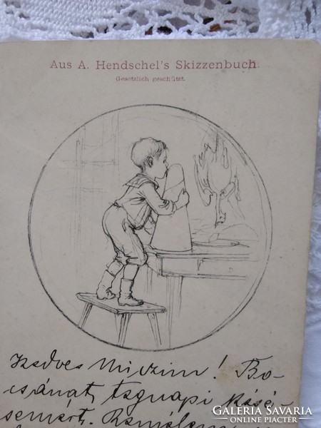 2 db antik hosszúcímzéses grafikus, gyerekmotívumos képeslap/üdvözlőlap Albert Hendschel rajzai 1899