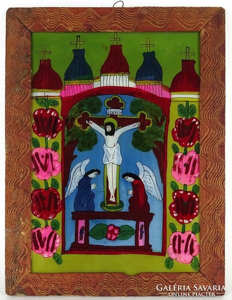1J831 Antik erdélyi üveg ikon Krisztus a kereszten két angyallal ábrázolva 45 x 34.5 cm