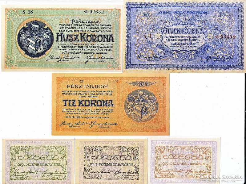 Szeged város pénztárjegyek10-20-50 korona,  és fillér teljes-sor REPLIKA 1918-1919