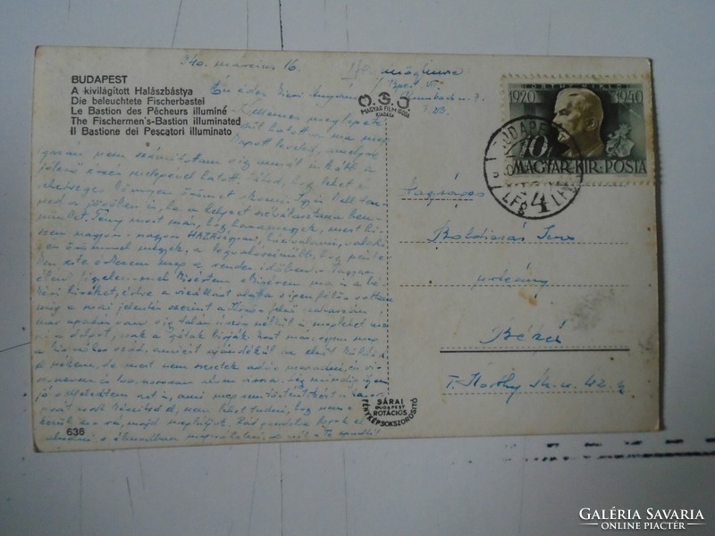 D191124 old postcard - Budapest - fisherman's bastion - nb. Miklós Horthy stamp 1940 peaceful