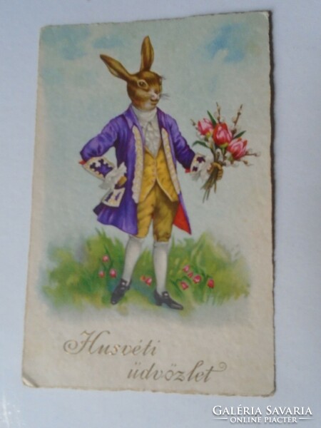 D191187 old postcard - Mr. Rabbit with a bouquet of flowers in a purple robe 1930's peaceful Boldizsár icuska