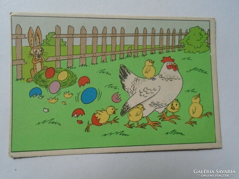 D191203  Régi   képeslap -  Húsvét - Tyúkanyó a festett tojásokból kikel csibéivel -meg a dühös nyúl
