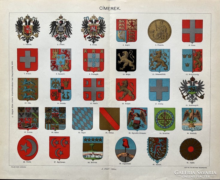 Antik 19.sz Címerek színes nyomat- papír-plakát,nemzet, heraldika, bajor,szász,belga,dán,porosz,ango