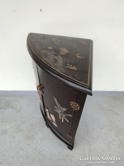 Antique Chinese furniture corner lacquer cabinet geisha embossed stone inlay painted black 963 6085