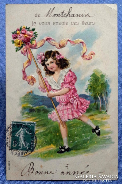 Antik dombornyomott litho képeslap Újévre küldve kisleány virágbokrétával