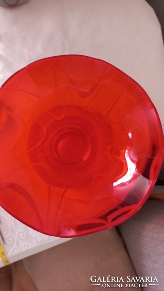 Old blown glass, fire red transparent, thick-walled, Murano?, Densely patterned, frilly edged glass vase