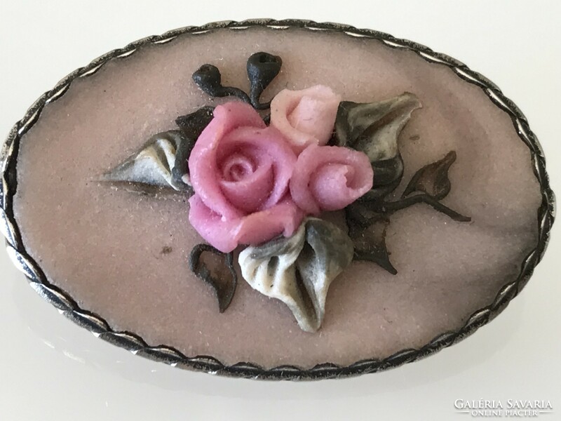 Pink ceramic-like brooch in a silver-plated frame, 3.2 x 2 cm
