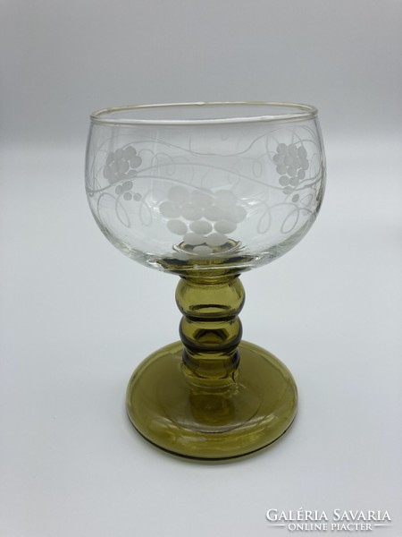 Wine glasses with green base, grape pattern, acid etched