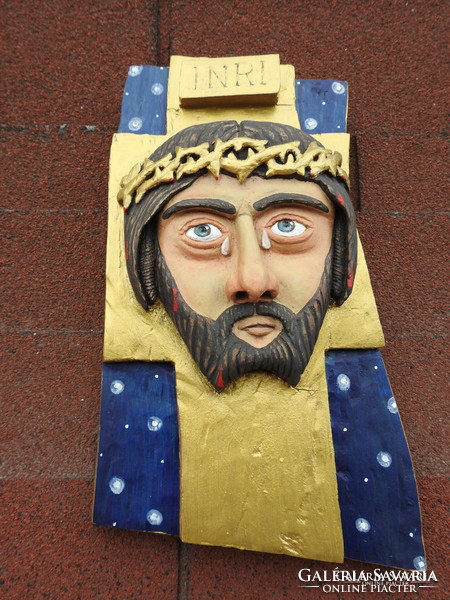 Naive art - Jesus wood carving - painted, carved needlework