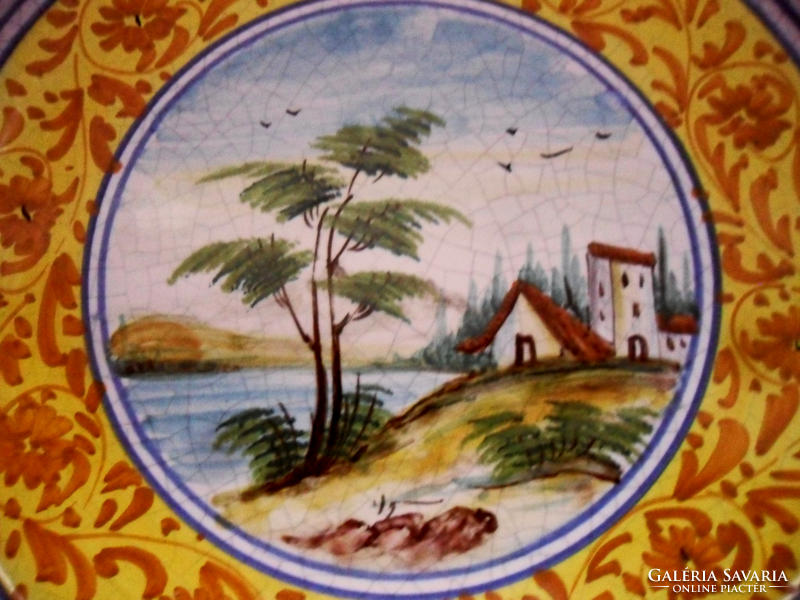Viewable hand painted crane on Italian wall plate