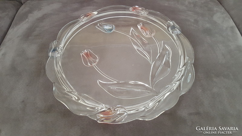Beautiful thick glass cake plate with tulips