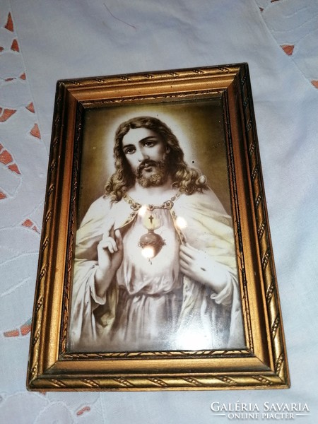 Régi, Jézus szíve kép,  fakeretes üveg alatt, parasztház dekoráció