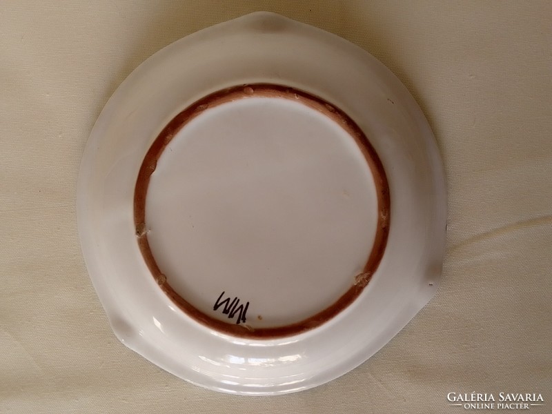 Hand painted Haban decorative glazed ceramic ashtray, ashtray, folk floral pattern marked with turquoise border