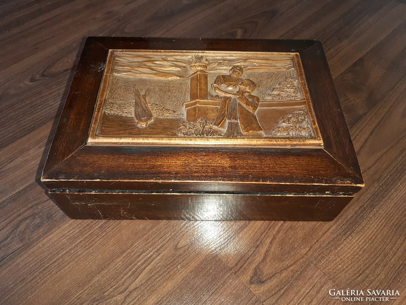 Antique wooden box with illustration