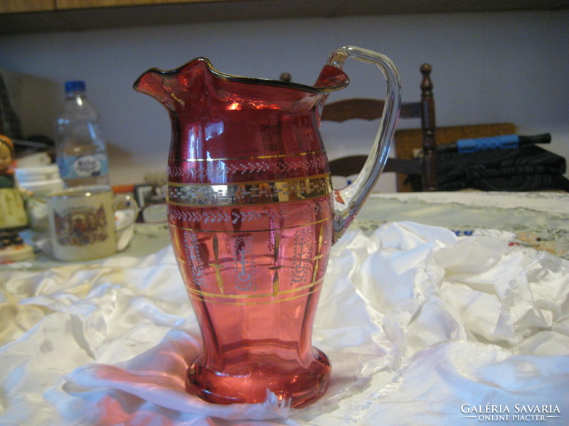 Antik  angol üveg kiöntő , hagyományos  , fújt eljárással készült , szépen aranyozott , festéssel