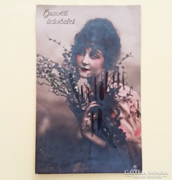 Régi húsvéti képeslap1920 körül női fotó levelezőlap