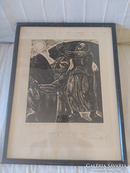 1955- All women collecting glass, glass etching, in original frame, signed, 48 cm