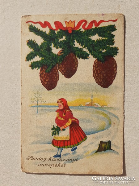 Régi karácsonyi képeslap 1941 rajzos népviseletes levelezőlap