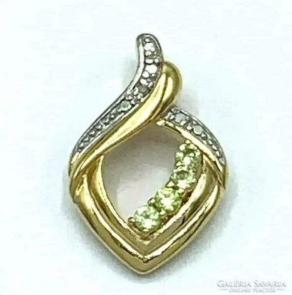 Genuine Natural Peridot and Diamond Gemstone Pendant, 14k Gold Plated, 925 Marked