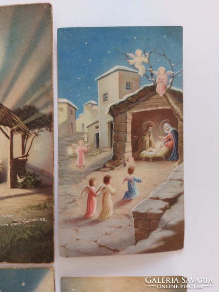 Régi mini szentkép vallási kép Jézuska jászol Szentcsalád karácsony angyalok 6 db