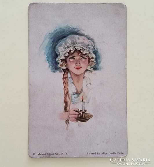 Régi képeslap 1920 körül nő sétálógyertyával levelezőlap