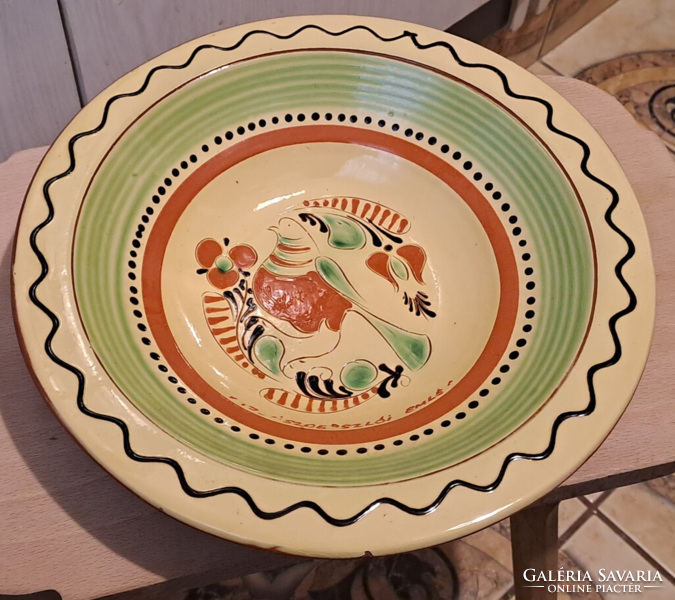 Karcagi ceramic, majolica painted deep large bowl can be hung on the wall