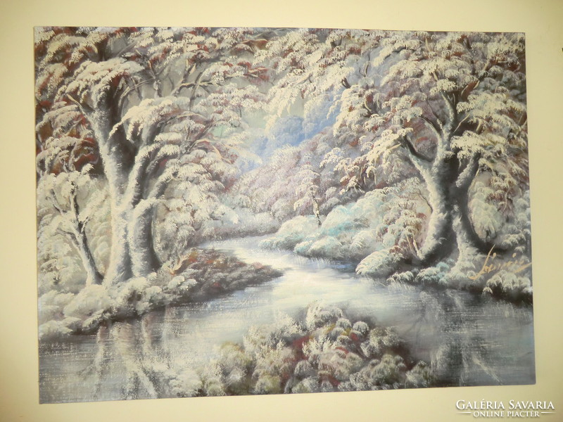 Meticulous, demanding. Painting of a winter landscape 90x70 cm