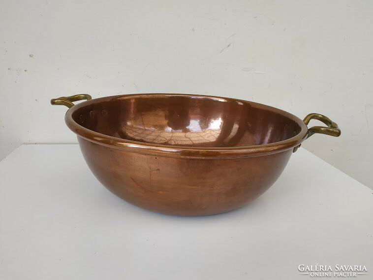 Antique patinated large red copper foam cauldron with brass handles kitchen tool 202 6112
