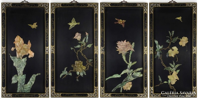 1K899 antique four-piece oriental jade mineral and mother-of-pearl inlaid plaque 61 x 122 cm