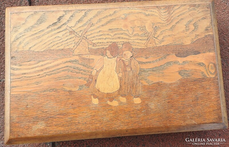Biedermeier wooden box with antique wooden inlay scene - decorative box