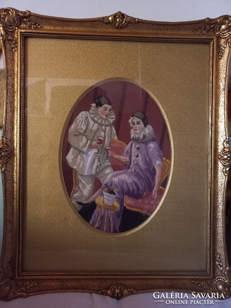 Gyönyörű Pierrott és Pierrette gobelin aranyozott keretben, régi