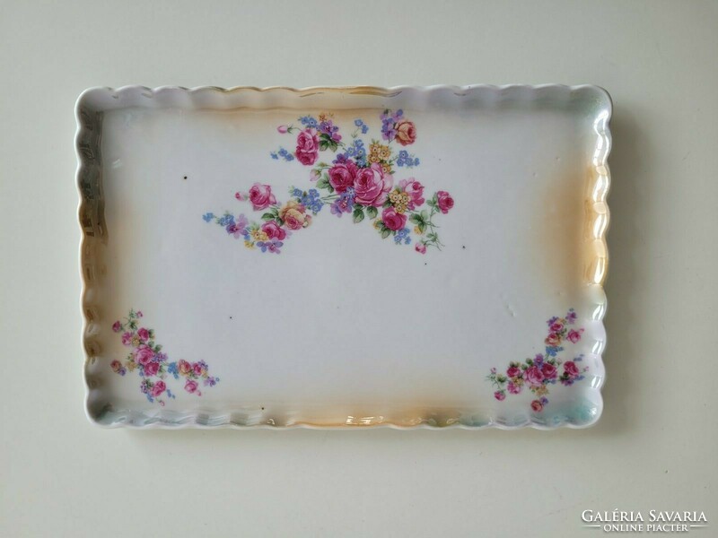 Régi Victoria porcelán tálca rózsás nefelejcses eozinos antik kínáló 30 x 19 cm