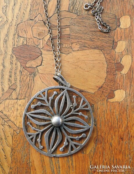 Antique large silver pendant with art deco chain