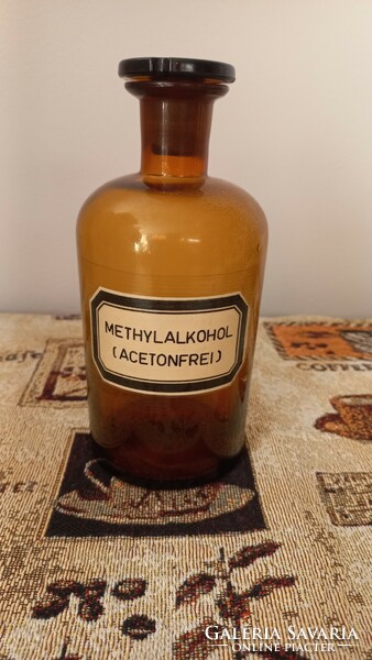 Antique apothecary bottle, amber, with original label, 18 cm.