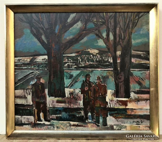 Szentgyörgyi Kornél (1916 - 2006) Vadászok a Dunaparton c festménye 86x76cm Eredeti Garanciával!