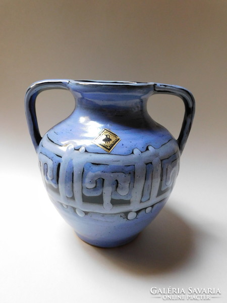 Blue handicraft vase with handles 17 cm