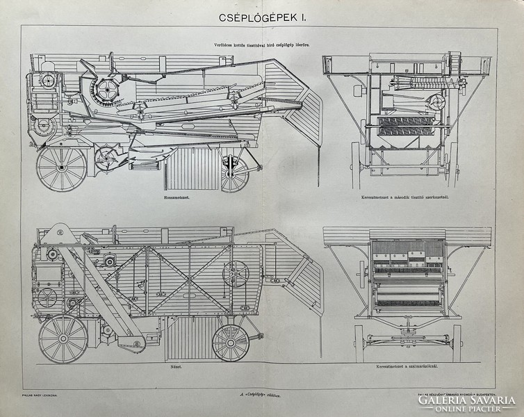 Antique 19th Sz threshing machines and technical print-paper- drawing, mechanical engineering, mechanism