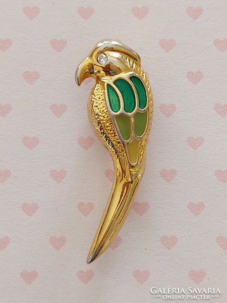 Retro női bross aranyszínű madár alakú zöld papagáj fém kitűző
