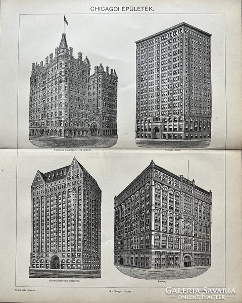 Antik 19.sz Chivagoi épületek nyomat-papír- ábra, épület, építészet, USA, Amerika, Michigan