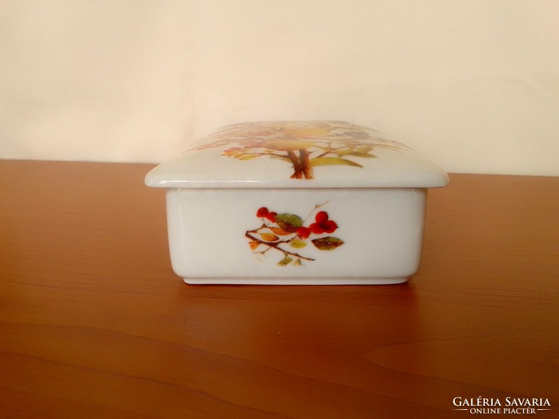Hollóháza porcelain bonbonier square box with lid jewelry holder quince rosehip, marked