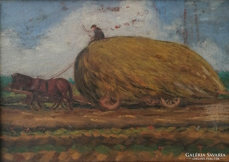 Hay cart. Antique oil painting, marked on a copper plate: c. Ferrand